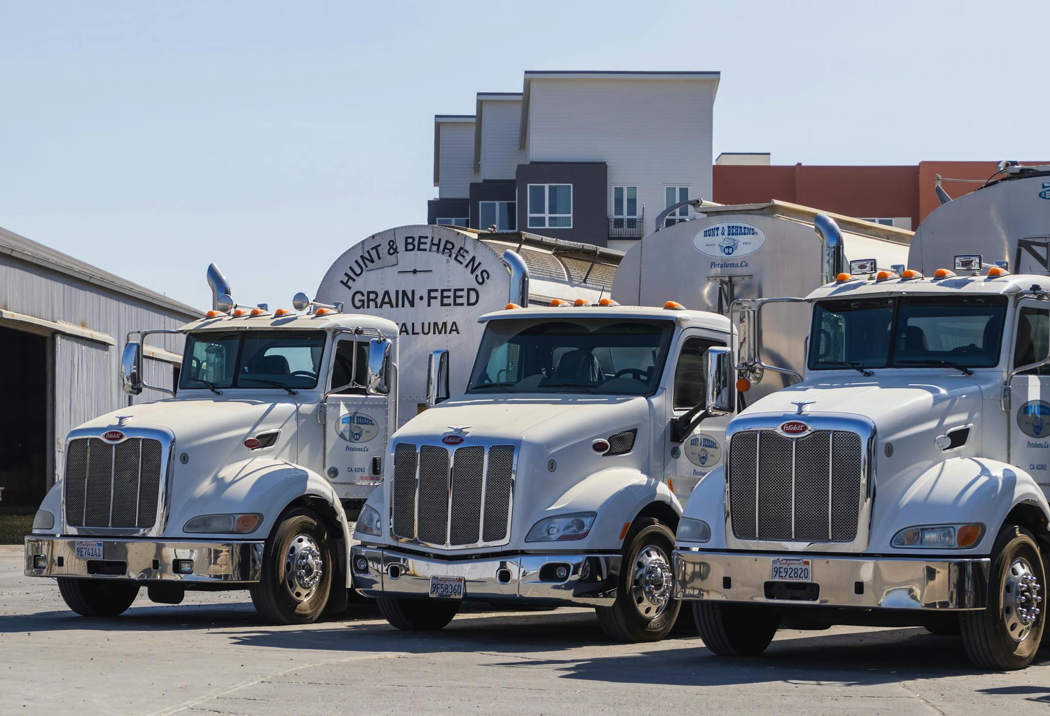 Three white tanker trucks at Hunt & Behrens Grain-Feed facility under daylight.